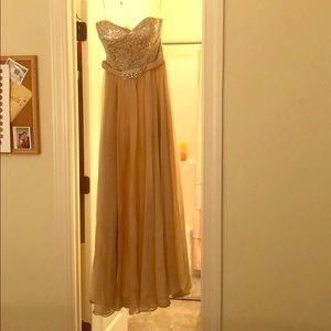 Champagne gold floor-length strapless formal dress